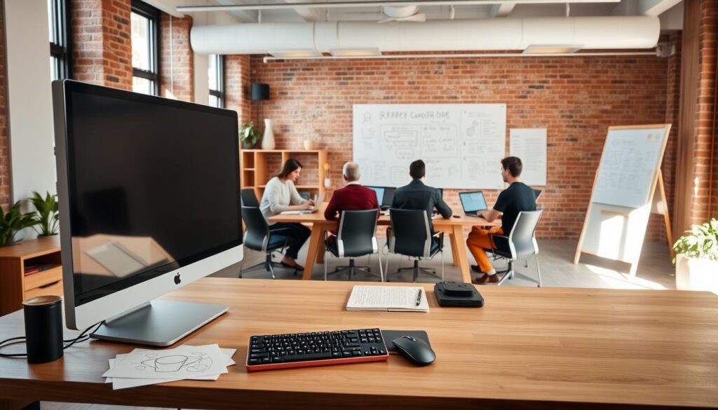 a clean, well-lit software development office with large windows, exposed brick walls, and minimalist wooden furniture. In the foreground, a modern computer setup with a high-resolution monitor, a mechanical keyboard, and a sleek mouse. On the desk, a cup of coffee and a sketchpad with design ideas. In the middle ground, developers collaborating at a conference table, their laptops open and faces engaged in discussion. The background features a large whiteboard filled with diagrams, code snippets, and sticky notes. Overhead, soft, diffused lighting casts a warm, productive glow over the entire scene. The atmosphere is one of focused creativity and technological progress.