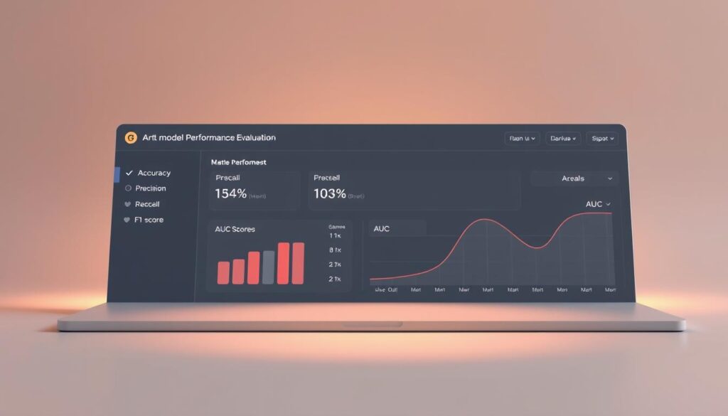 a detailed 3D render of model performance evaluation metrics, such as accuracy, precision, recall, F1-score, and area under the curve (AUC), displayed on a sleek, modern dashboard with a minimalist design. The metrics are presented in a clean, organized layout with clear visualization, set against a subtle gradient background in muted tones. The scene is illuminated by a warm, directional light source, creating depth and emphasizing the key performance indicators. The camera angle is slightly elevated, providing an overview of the dashboard and conveying a sense of professionalism and analytical insight. a detailed 3D render of model performance evaluation metrics, such as accuracy, precision, recall, F1-score, and area under the curve (AUC), displayed on a sleek, modern dashboard with a minimalist design. The metrics are presented in a clean, organized layout with clear visualization, set against a subtle gradient background in muted tones. The scene is illuminated by a warm, directional light source, creating depth and emphasizing the key performance indicators. The camera angle is slightly elevated, providing an overview of the dashboard and conveying a sense of professionalism and analytical insight.