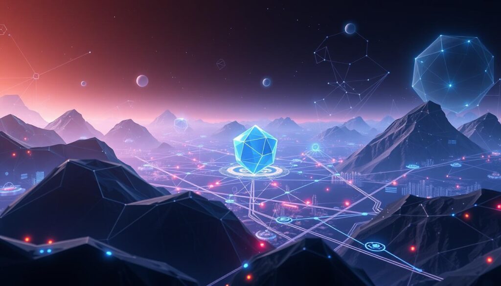 a detailed, cinematic digital illustration of a unique digital asset blockchain, featuring a central polygon-based network with interconnected nodes and pathways, all within a futuristic, abstract landscape. The foreground showcases holographic data visualizations and smart contract elements, while the middle ground features a complex array of decentralized ledgers and transaction records. The background depicts a vast, ethereal cyberspace environment with glowing geometric shapes and diffuse lighting, creating a sense of technological wonder and the transformative power of blockchain technology.