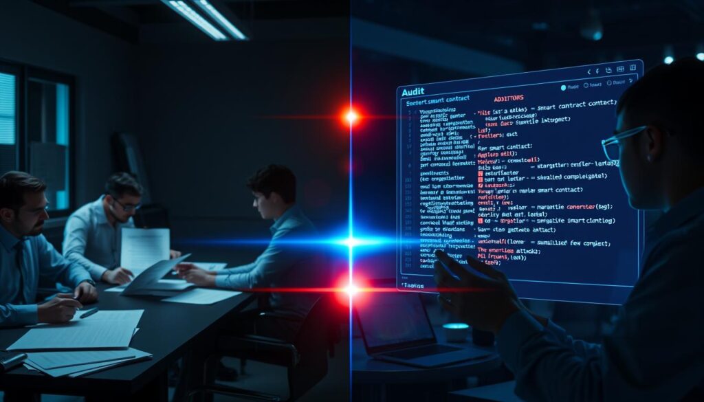 a detailed comparison of traditional and modern smart contract audit methods, shown through a split-screen composition with two distinct scenes. On the left, a team of auditors reviewing paper documents and spreadsheets in a dimly lit office, conveying a sense of manual, labor-intensive work. On the right, a single auditor using a futuristic holographic interface to analyze smart contract code, visualizing complex data structures and simulating attacks, bathed in a vibrant, neon-tinged lighting to evoke advanced, automated audit capabilities. The middle ground features a translucent divider element, symbolizing the transition between old and new audit paradigms. Subtle cinematic cues, such as lens flares and depth of field, enhance the sense of technical sophistication and visual contrast between the two audit approaches. a detailed comparison of traditional and modern smart contract audit methods, shown through a split-screen composition with two distinct scenes. On the left, a team of auditors reviewing paper documents and spreadsheets in a dimly lit office, conveying a sense of manual, labor-intensive work. On the right, a single auditor using a futuristic holographic interface to analyze smart contract code, visualizing complex data structures and simulating attacks, bathed in a vibrant, neon-tinged lighting to evoke advanced, automated audit capabilities. The middle ground features a translucent divider element, symbolizing the transition between old and new audit paradigms. Subtle cinematic cues, such as lens flares and depth of field, enhance the sense of technical sophistication and visual contrast between the two audit approaches.