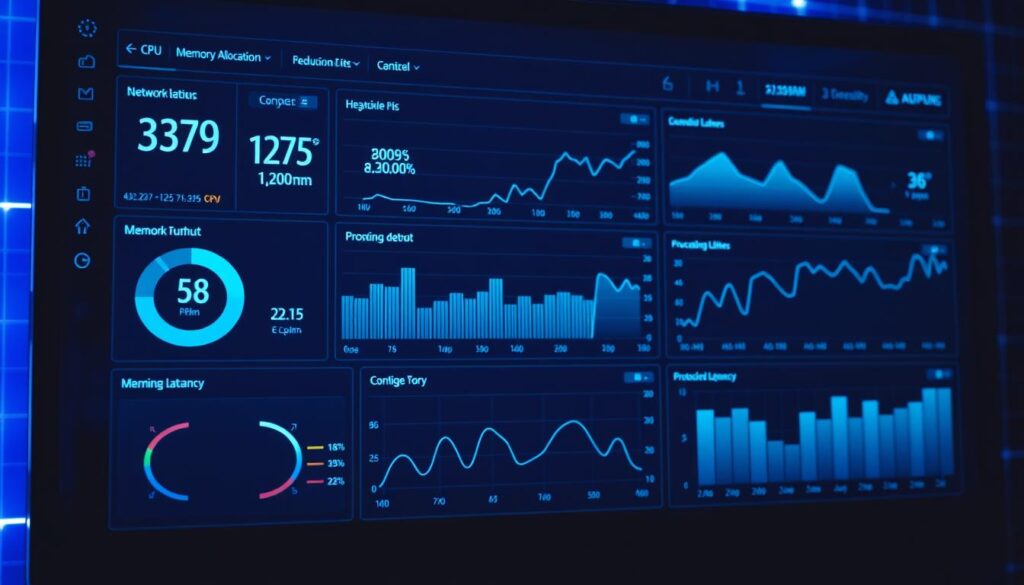 a detailed computer dashboard display showing various performance metrics and analytics charts, with a sleek, modern aesthetic. The foreground features a clean, minimalistic layout of key indicators like CPU usage, memory allocation, network throughput, and processing latency, all presented in a clear and organized manner. The middle ground showcases a series of line graphs, bar charts, and scatter plots highlighting historical trends and patterns in the data. The background contains a subtle grid or wireframe pattern, creating a sense of structure and technical depth. The overall scene is lit by a cool, neutral lighting scheme, emphasizing the precision and clarity of the information displayed. a detailed computer dashboard display showing various performance metrics and analytics charts, with a sleek, modern aesthetic. The foreground features a clean, minimalistic layout of key indicators like CPU usage, memory allocation, network throughput, and processing latency, all presented in a clear and organized manner. The middle ground showcases a series of line graphs, bar charts, and scatter plots highlighting historical trends and patterns in the data. The background contains a subtle grid or wireframe pattern, creating a sense of structure and technical depth. The overall scene is lit by a cool, neutral lighting scheme, emphasizing the precision and clarity of the information displayed.