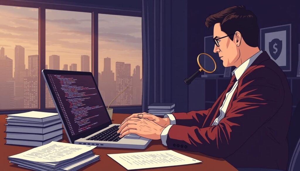 a detailed illustration of manual cryptocurrency security audit, showing a person in a suit carefully reviewing code on a laptop screen, with a magnifying glass in hand and a stack of papers on the desk, in a dimly lit office with a large window overlooking a cityscape, the atmosphere conveying a sense of focus, precision, and the importance of human expertise in the security review process