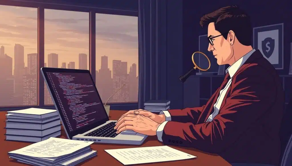 a detailed illustration of manual cryptocurrency security audit, showing a person in a suit carefully reviewing code on a laptop screen, with a magnifying glass in hand and a stack of papers on the desk, in a dimly lit office with a large window overlooking a cityscape, the atmosphere conveying a sense of focus, precision, and the importance of human expertise in the security review process a detailed illustration of manual cryptocurrency security audit, showing a person in a suit carefully reviewing code on a laptop screen, with a magnifying glass in hand and a stack of papers on the desk, in a dimly lit office with a large window overlooking a cityscape, the atmosphere conveying a sense of focus, precision, and the importance of human expertise in the security review process
