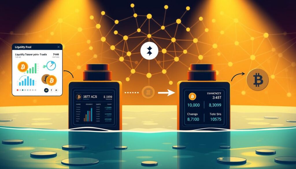 a detailed illustration of the mechanics of a cryptocurrency liquidity pool, showcasing the interaction between liquidity providers, traders, and the decentralized exchange. The foreground depicts two liquidity providers contributing token pairs to the pool, with visual representations of the tokens and a UI dashboard displaying pool metrics. The middle ground shows the exchange process, with a trader swapping one token for another, the transaction reflected in the pool's token balances. In the background, a stylized blockchain network visualizes the decentralized, transparent nature of the liquidity pool. The scene is illuminated by a warm, ambient lighting, conveying a sense of stability and efficiency in the liquidity pool's operations. a detailed illustration of the mechanics of a cryptocurrency liquidity pool, showcasing the interaction between liquidity providers, traders, and the decentralized exchange. The foreground depicts two liquidity providers contributing token pairs to the pool, with visual representations of the tokens and a UI dashboard displaying pool metrics. The middle ground shows the exchange process, with a trader swapping one token for another, the transaction reflected in the pool's token balances. In the background, a stylized blockchain network visualizes the decentralized, transparent nature of the liquidity pool. The scene is illuminated by a warm, ambient lighting, conveying a sense of stability and efficiency in the liquidity pool's operations.