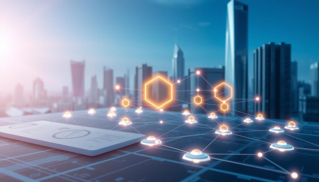 a detailed, photorealistic 3D render of a blockchain network diagram showcasing its security and efficiency benefits for enterprise applications. The foreground features a sleek, minimalist user interface with a clean dashboard and visualization tools. The middle ground depicts various blockchain nodes and network connections, represented by glowing geometric shapes and lines. The background shows a futuristic cityscape with towering skyscrapers, underscoring the enterprise-level scale and scope. The scene is bathed in a cool, blue-toned lighting with subtle lens flare effects, creating a sense of technological sophistication and innovation. The overall mood is one of power, reliability, and seamless data management. a detailed, photorealistic 3D render of a blockchain network diagram showcasing its security and efficiency benefits for enterprise applications. The foreground features a sleek, minimalist user interface with a clean dashboard and visualization tools. The middle ground depicts various blockchain nodes and network connections, represented by glowing geometric shapes and lines. The background shows a futuristic cityscape with towering skyscrapers, underscoring the enterprise-level scale and scope. The scene is bathed in a cool, blue-toned lighting with subtle lens flare effects, creating a sense of technological sophistication and innovation. The overall mood is one of power, reliability, and seamless data management.