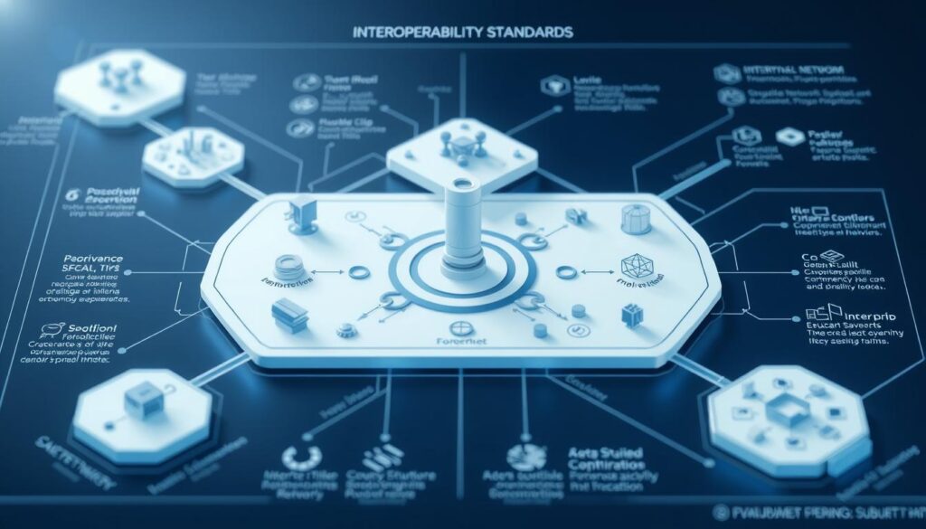 a detailed technical diagram illustrating interoperability standards and protocols, featuring a clean, minimalist layout with geometric shapes and icons representing various blockchain networks, applications, and infrastructure components. The diagram should have a futuristic, scientific aesthetic, with a cool color palette of blues, grays, and whites, conveying a sense of precision and technological sophistication. The composition should be well-balanced, with clear hierarchies and logical flow, highlighting the interconnections and relationships between different elements. Subtle lighting effects and a shallow depth of field should emphasize the three-dimensional nature of the diagram, creating a sense of depth and dimension.