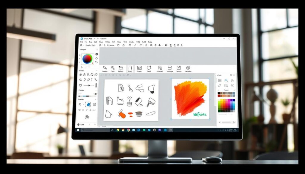 a digital art tutorial software application displayed on a computer screen, with a clean and minimalist user interface showcasing various drawing and editing tools. The software is shown in a well-lit, modern office setting, with natural lighting filtering in through large windows. The scene has a professional, productive atmosphere, inviting the user to create digital artwork. The application's interface features intuitive controls, color palettes, and a canvas area where a half-finished digital painting is visible, hinting at the creative possibilities of the software.