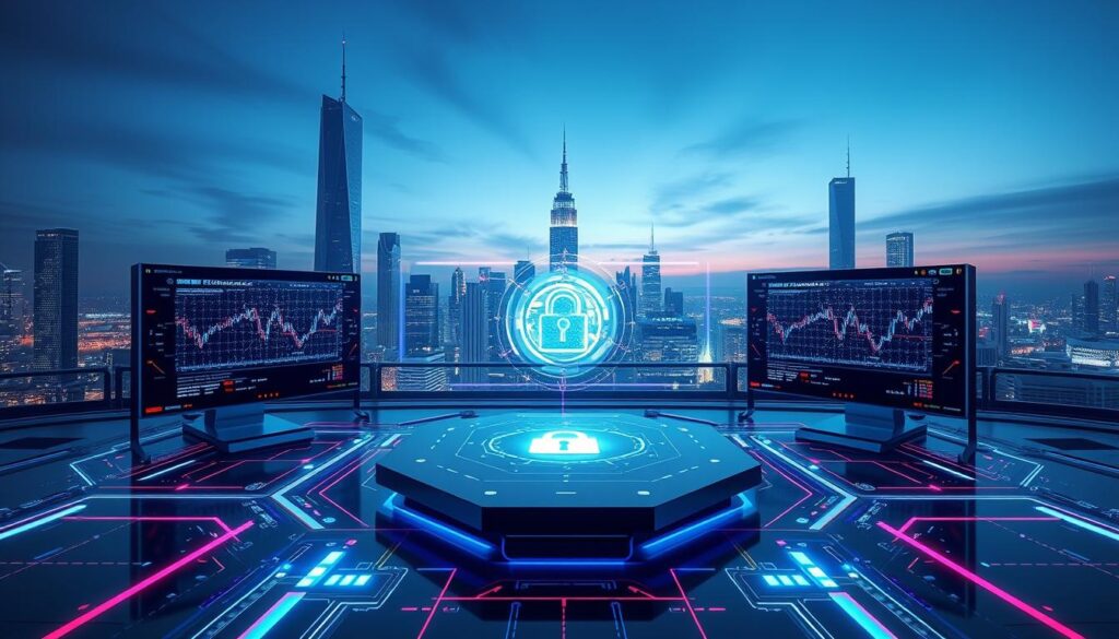 a futuristic digital landscape with a sleek and secure crypto trading platform in the foreground, featuring advanced security protocols and encrypted data protection measures. The platform is displayed on multiple high-resolution screens, surrounded by a minimalist, tech-inspired environment with clean lines, holographic interfaces, and subtle lighting effects. In the background, a cityscape of towering skyscrapers and a serene night sky create a sense of scale and sophistication. The overall mood is one of cutting-edge technology, robust security, and a commitment to safeguarding digital assets.