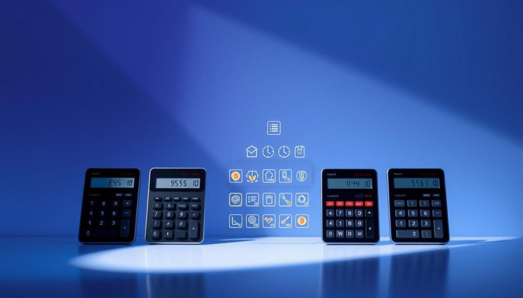 a high-contrast digital illustration of the "Top Calculator Comparisons and Feature Highlights" section for an article on the "Best Cryptocurrency mining profitability calculator tools". In the foreground, a row of 4-5 modern scientific calculators with clean, minimalist designs, showcasing their key features. In the middle ground, a floating grid of small icons and metrics representing the calculators' capabilities, such as ROI, hash rate, electricity cost, and more. In the background, a soft gradient backdrop in shades of blues and purples, evoking a futuristic, high-tech atmosphere. Dramatic lighting from the top-left casts long shadows, creating depth and dimension. The overall composition is balanced and visually striking, drawing the viewer's attention to the key calculator details. a high-contrast digital illustration of the "Top Calculator Comparisons and Feature Highlights" section for an article on the "Best Cryptocurrency mining profitability calculator tools". In the foreground, a row of 4-5 modern scientific calculators with clean, minimalist designs, showcasing their key features. In the middle ground, a floating grid of small icons and metrics representing the calculators' capabilities, such as ROI, hash rate, electricity cost, and more. In the background, a soft gradient backdrop in shades of blues and purples, evoking a futuristic, high-tech atmosphere. Dramatic lighting from the top-left casts long shadows, creating depth and dimension. The overall composition is balanced and visually striking, drawing the viewer's attention to the key calculator details.