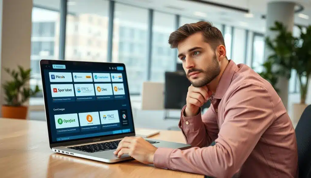 a high-quality photograph of a person sitting at a desk, considering various cryptocurrency exchange platforms displayed on a laptop screen. The scene is set in a modern, well-lit office with large windows in the background, creating a sense of openness and professionalism. The person's facial expression conveys a thoughtful, analytical demeanor as they carefully evaluate the different platform options. The image should evoke a sense of the deliberation and decision-making process involved in choosing the right cryptocurrency trading platform.