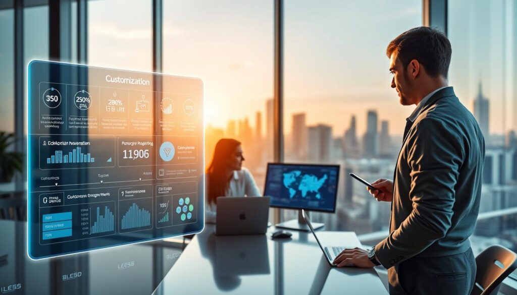 a highly detailed, photorealistic 3D render of a blockchain implementation customization, set in a modern corporate office environment. The foreground features a sleek, holographic interface displaying various blockchain-related data visualizations and customization options. The middle ground shows a team of business professionals collaborating on a blockchain project, using laptops and a large interactive touchscreen display. The background depicts a panoramic view of the cityscape outside the office, with skyscrapers and a clear, sunny sky. The lighting is natural, with warm hues and soft shadows. The overall mood is one of innovation, efficiency, and progress. a highly detailed, photorealistic 3D render of a blockchain implementation customization, set in a modern corporate office environment. The foreground features a sleek, holographic interface displaying various blockchain-related data visualizations and customization options. The middle ground shows a team of business professionals collaborating on a blockchain project, using laptops and a large interactive touchscreen display. The background depicts a panoramic view of the cityscape outside the office, with skyscrapers and a clear, sunny sky. The lighting is natural, with warm hues and soft shadows. The overall mood is one of innovation, efficiency, and progress.