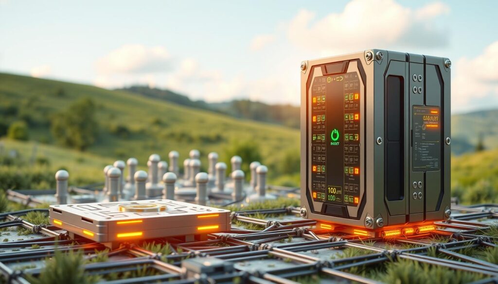 a highly detailed, realistic, and technically accurate 3D rendering of energy-efficient blockchain protocols. In the foreground, a futuristic blockchain node with sleek, minimalist design and glowing indicators showcasing its low power consumption. In the middle ground, a cluster of interconnected nodes, each using innovative consensus mechanisms like proof-of-stake or delegated proof-of-stake, all powered by clean, renewable energy sources. In the background, a serene, natural landscape with lush greenery and a clear sky, symbolizing the environmental sustainability of these protocols. The scene is bathed in a warm, ambient lighting that highlights the efficient, high-tech nature of the blockchain system. Captured with a wide-angle lens to convey a sense of scale and integration with the natural world.