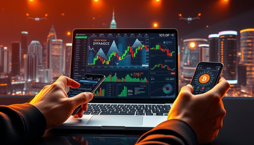 a realistic 3D illustration of a hands-on, practical crypto trading guide. In the foreground, a trader's hands are using a laptop and mobile device, interacting with a cryptocurrency trading platform interface filled with charts, graphs, and analytics. In the middle ground, there are visual representations of key trading concepts such as price trends, order book dynamics, and risk management strategies. The background features a futuristic cityscape with skyscrapers and digital displays, evoking the high-tech, data-driven nature of modern cryptocurrency markets. The scene is illuminated by warm, directional lighting, creating a sense of focus and professionalism. The overall mood is one of informed, strategic decision-making in the complex world of crypto trading. a realistic 3D illustration of a hands-on, practical crypto trading guide. In the foreground, a trader's hands are using a laptop and mobile device, interacting with a cryptocurrency trading platform interface filled with charts, graphs, and analytics. In the middle ground, there are visual representations of key trading concepts such as price trends, order book dynamics, and risk management strategies. The background features a futuristic cityscape with skyscrapers and digital displays, evoking the high-tech, data-driven nature of modern cryptocurrency markets. The scene is illuminated by warm, directional lighting, creating a sense of focus and professionalism. The overall mood is one of informed, strategic decision-making in the complex world of crypto trading.