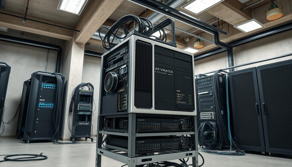 a validator node hardware setup in a well-lit, modern server room. The validator node is a powerful desktop computer with a sleek, minimalist design, positioned on a sturdy metal rack. The machine has multiple high-performance GPUs and CPUs, efficient cooling systems, and high-capacity solid-state drives. The rack is surrounded by a network of cables, switches, and routers, all neatly organized and accessible. The room has a clean, industrial aesthetic with exposed concrete walls, high ceilings, and recessed lighting that casts a warm glow over the setup. The validator node is the focal point, showcasing the technical prowess and attention to detail required for secure blockchain node management.