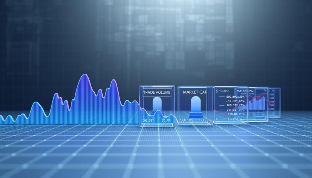 a volumetric data visualization depicting a 3D grid of financial data points, rendered with crisp, high-resolution details. The foreground features a dynamic, pulsating 3D line graph in shades of blue and purple, representing trading volume and price fluctuations. The middle ground showcases a series of transparent, rotating cubes, each containing a specific financial metric such as trading volume, market cap, and volatility. The background is a muted, industrial-inspired environment with a subtle grid pattern, creating a sense of depth and technical precision. The lighting is a balanced combination of soft, diffused illumination and sharper, directional highlights, accentuating the three-dimensional nature of the data. The overall mood is one of analytical insight and data-driven decision-making.