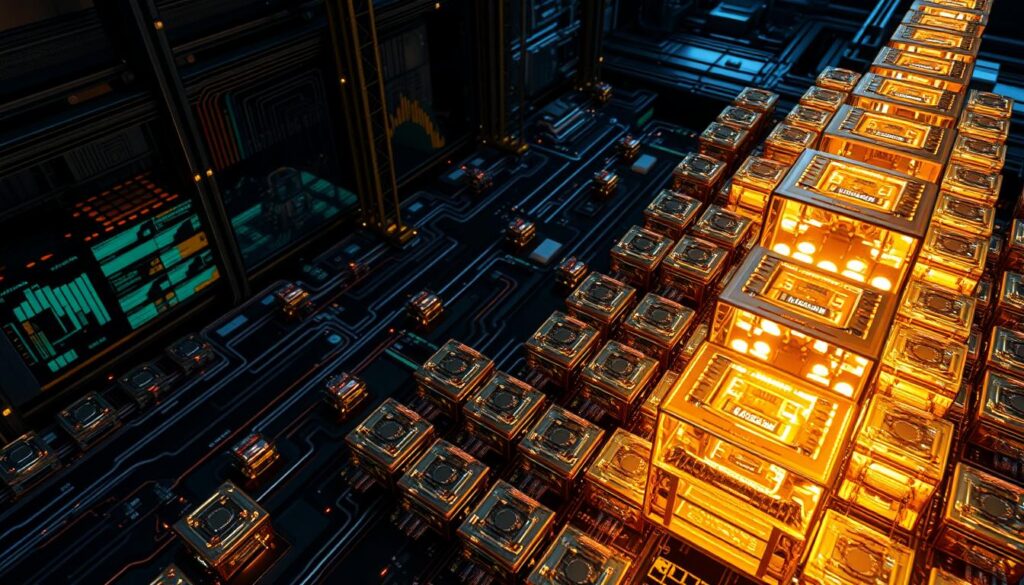 high-angle view of a blockchain block formation process, showing a grid of interconnected blocks being constructed with a hexagonal pattern, glowing with a warm, metallic sheen against a dark, industrial background with complex circuitry and data visualizations, with a sense of technological power and digital permanence, captured with a wide-angle lens and dramatic lighting to emphasize the scale and complexity of the blockchain infrastructure high-angle view of a blockchain block formation process, showing a grid of interconnected blocks being constructed with a hexagonal pattern, glowing with a warm, metallic sheen against a dark, industrial background with complex circuitry and data visualizations, with a sense of technological power and digital permanence, captured with a wide-angle lens and dramatic lighting to emphasize the scale and complexity of the blockchain infrastructure