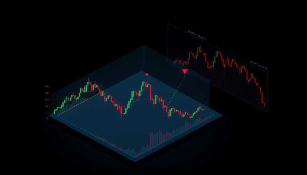 multiple time frame analysis of a cryptocurrency price chart using an isometric projection, with a foreground showing the current price action on a daily chart, a middle ground displaying a weekly chart, and a background featuring a monthly chart, all rendered in a high-contrast, minimalist style with a focus on technical indicators and price patterns, set against a dark, moody backdrop that conveys the analytical nature of the subject matter, with subtle use of neon-like highlights to emphasize key data points