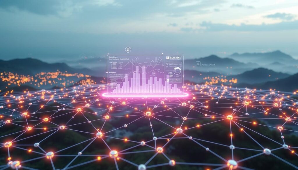 A blockchain data landscape with interconnected public ledgers and decentralized data sources. In the foreground, a stylized visualization of a blockchain network, with nodes representing various data inputs like cryptocurrency transactions, smart contracts, and decentralized applications. In the middle ground, a series of transparent data visualizations hovering above the network, depicting real-time analytics and insights. The background features a serene, ethereal landscape with glowing digital elements, conveying the expansive, immutable nature of blockchain data. Soft, diffused lighting casts an otherworldly glow, while the camera angle provides a sweeping, elevated perspective to capture the scale and complexity of the blockchain ecosystem.
