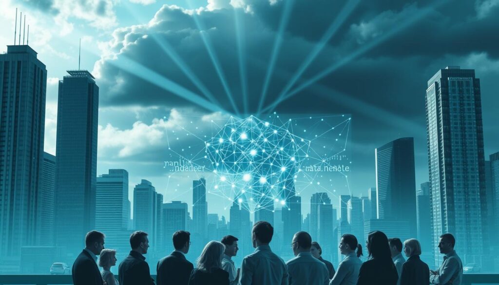 A blockchain-inspired cityscape, with towering skyscrapers representing secure, decentralized data networks. In the foreground, a group of people gathered, discussing privacy concerns and data protection measures, their expressions thoughtful and serious. The middle ground features a transparent, holographic blockchain visualization, showcasing the complex, interlocking transactions. In the background, a dark, ominous cloud looms, symbolizing the ever-present cybersecurity threats, contrasted by shafts of light piercing through, signifying the resilience and security of the blockchain infrastructure. The scene is lit by a cool, bluish-green hue, creating a sense of technical sophistication and data-driven precision.