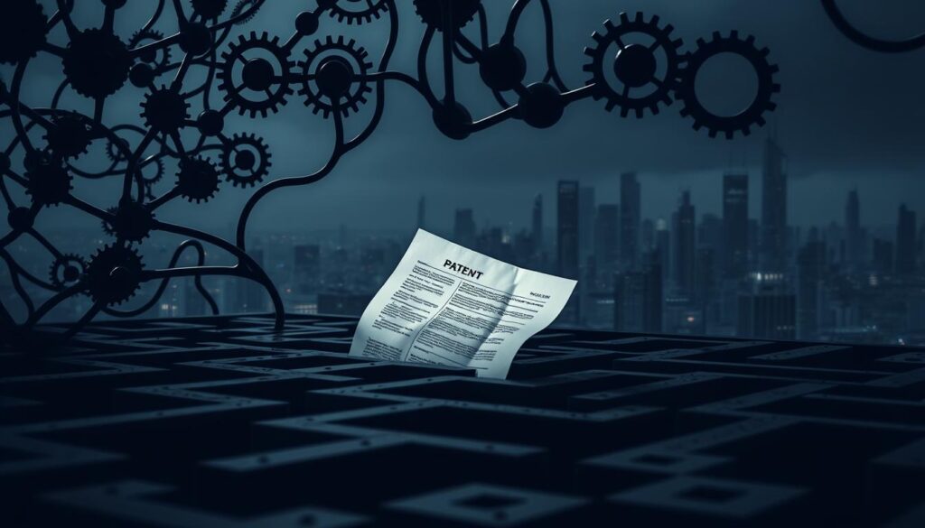 A blockchain network representing the challenges of IP protection, with intricate gears and cogs symbolizing the complex interactions. In the foreground, a maze-like structure with obstacles and roadblocks, casting shadows across the scene. The middle ground features a patent document caught in a tug-of-war between different stakeholders, while the background showcases a futuristic cityscape, hinting at the technological advancements that could revolutionize intellectual property management. Muted colors and a sense of uncertainty create a thought-provoking atmosphere, inviting the viewer to consider the nuances of blockchain adoption for IP rights.