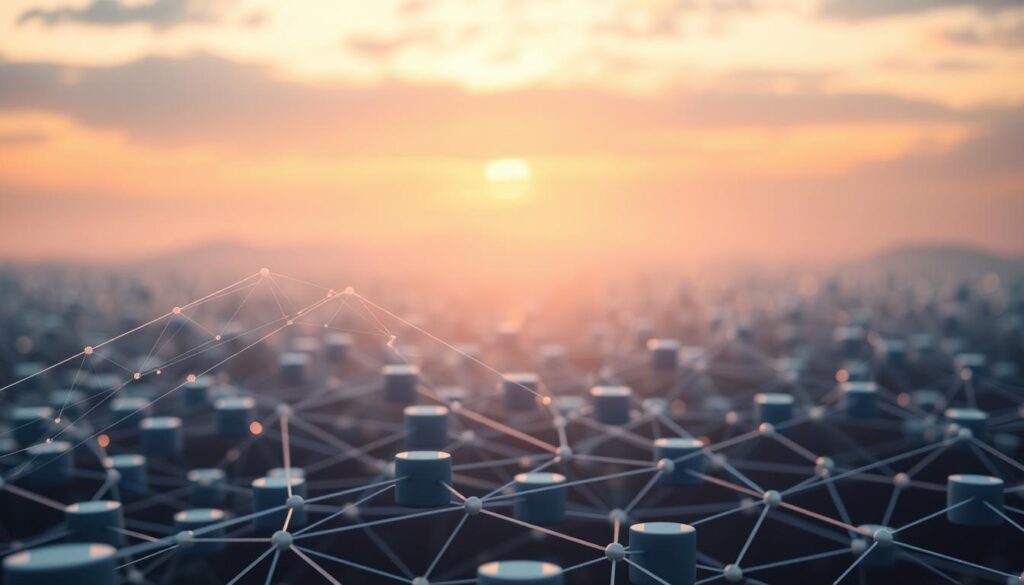 A blockchain network undergoing a soft fork implementation. In the foreground, a blockchain node symbolically "forks" from the main chain, with delicate fractal-like lines representing the bifurcation. The middle ground depicts a serene, ethereal landscape of connected blockchain blocks, their edges softly blending together. In the background, a warm, glowing sky with a hint of technological hues, suggesting the organic, seamless nature of the soft fork process. Soft, diffused lighting illuminates the scene, creating a sense of tranquility and seamless evolution. The overall atmosphere evokes the benefits of a soft fork: gradual, non-disruptive protocol upgrades that preserve network compatibility. A blockchain network undergoing a soft fork implementation. In the foreground, a blockchain node symbolically "forks" from the main chain, with delicate fractal-like lines representing the bifurcation. The middle ground depicts a serene, ethereal landscape of connected blockchain blocks, their edges softly blending together. In the background, a warm, glowing sky with a hint of technological hues, suggesting the organic, seamless nature of the soft fork process. Soft, diffused lighting illuminates the scene, creating a sense of tranquility and seamless evolution. The overall atmosphere evokes the benefits of a soft fork: gradual, non-disruptive protocol upgrades that preserve network compatibility.