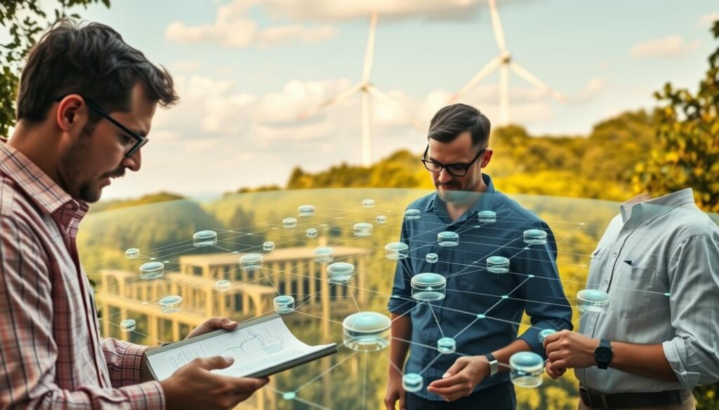 A blockchain-powered carbon credit platform taking shape, its architectural blueprint unfolding against a backdrop of lush greenery and clear skies. In the foreground, a team of engineers collaborates, poring over holographic displays and digital schematics, their expressions focused and determined. The middle ground reveals a series of interconnected nodes, each representing a vital component of the platform's distributed network. In the distance, a towering wind turbine stands sentinel, symbolizing the renewable energy that will power this sustainable ecosystem. Warm, diffused lighting casts a sense of optimism, while a shallow depth of field draws the viewer's eye to the central planning process. This image captures the careful, methodical approach to constructing a blockchain-based carbon credit platform that will revolutionize environmental stewardship. A blockchain-powered carbon credit platform taking shape, its architectural blueprint unfolding against a backdrop of lush greenery and clear skies. In the foreground, a team of engineers collaborates, poring over holographic displays and digital schematics, their expressions focused and determined. The middle ground reveals a series of interconnected nodes, each representing a vital component of the platform's distributed network. In the distance, a towering wind turbine stands sentinel, symbolizing the renewable energy that will power this sustainable ecosystem. Warm, diffused lighting casts a sense of optimism, while a shallow depth of field draws the viewer's eye to the central planning process. This image captures the careful, methodical approach to constructing a blockchain-based carbon credit platform that will revolutionize environmental stewardship.