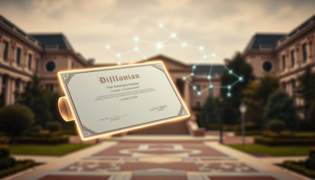 A blockchain-secured academic record system. In the foreground, a digital diploma or certificate floats, its edges glowing with a holographic shimmer, symbolizing the tamper-proof nature of blockchain-based credentials. In the middle ground, a stylized blockchain network visualizes the distributed, secure ledger that validates and stores academic achievements. The background depicts an elegant university campus, with stately buildings and manicured grounds, representing the prestigious institutions that leverage this cutting-edge technology. Warm, diffused lighting casts a professional, authoritative tone, while a slight depth-of-field blur emphasizes the central focus on the blockchain-secured credential. A blockchain-secured academic record system. In the foreground, a digital diploma or certificate floats, its edges glowing with a holographic shimmer, symbolizing the tamper-proof nature of blockchain-based credentials. In the middle ground, a stylized blockchain network visualizes the distributed, secure ledger that validates and stores academic achievements. The background depicts an elegant university campus, with stately buildings and manicured grounds, representing the prestigious institutions that leverage this cutting-edge technology. Warm, diffused lighting casts a professional, authoritative tone, while a slight depth-of-field blur emphasizes the central focus on the blockchain-secured credential.
