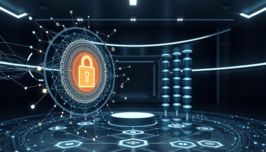 A blockchain security landscape, with digital credentials serving as the focal point. Intricate geometric patterns and abstract symbols representing the cryptographic mechanisms that safeguard blockchain transactions. The foreground features a holographic projection of a secure digital identity badge, surrounded by a swirling vortex of data streams and blockchain nodes. In the middle ground, cascading columns of hexagonal blocks symbolize the decentralized, immutable ledger. The background depicts a sleek, minimalist environment with subtle lighting, conveying a sense of technological sophistication and trustworthiness. The overall atmosphere is one of precision, innovation, and the seamless integration of blockchain security into digital identity verification. A blockchain security landscape, with digital credentials serving as the focal point. Intricate geometric patterns and abstract symbols representing the cryptographic mechanisms that safeguard blockchain transactions. The foreground features a holographic projection of a secure digital identity badge, surrounded by a swirling vortex of data streams and blockchain nodes. In the middle ground, cascading columns of hexagonal blocks symbolize the decentralized, immutable ledger. The background depicts a sleek, minimalist environment with subtle lighting, conveying a sense of technological sophistication and trustworthiness. The overall atmosphere is one of precision, innovation, and the seamless integration of blockchain security into digital identity verification.