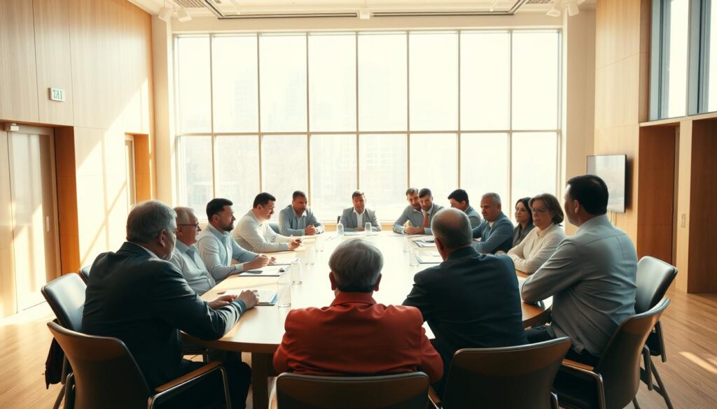 A bright, airy conference room with a large wooden table surrounded by chairs. Around the table, a diverse group of people - business leaders, policymakers, technologists, and community representatives - are engaged in a collaborative discussion. Warm, natural lighting filters in through large windows, creating a sense of openness and transparency. The participants' expressions are attentive and thoughtful, reflecting the gravity of the decisions they are making. The atmosphere is one of engaged, multi-stakeholder governance, where diverse perspectives are heard and consensus is built. The camera angle captures the scene from a slightly elevated perspective, giving a sense of the collaborative nature of the proceedings.
