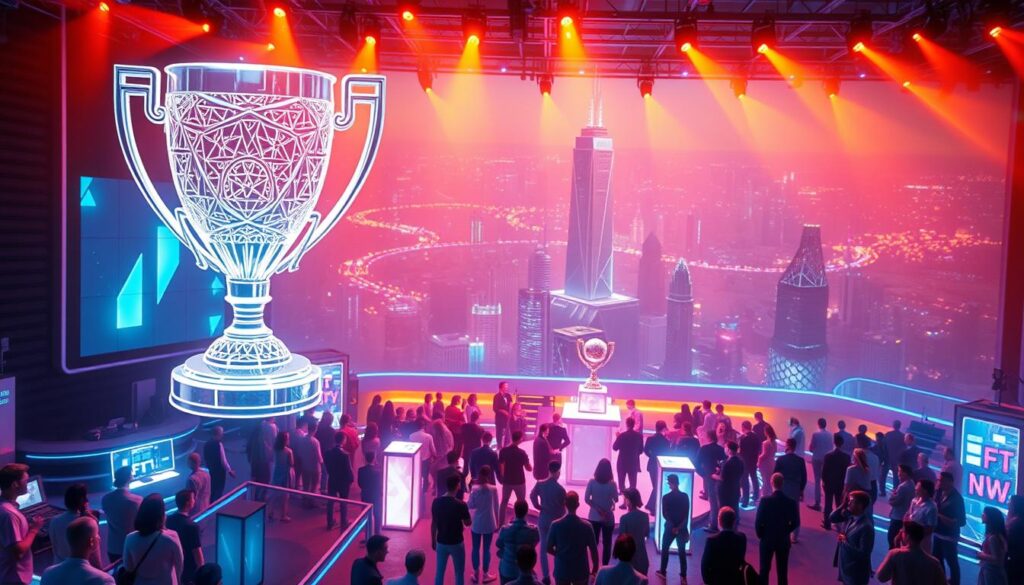 A brightly lit metaverse event stage, with a futuristic, neon-infused aesthetic. In the foreground, an elegant, three-dimensional NFT trophy floats, its intricate design emanating a captivating glow. In the middle ground, a crowd of attendees in sleek, avatar-like forms engage with interactive displays and podiums, each featuring vibrant, holographic NFT artworks. The background depicts a sprawling, virtual cityscape, its towering skyscrapers and floating platforms creating a sense of boundless, digital expanse. Warm, directional lighting illuminates the scene, casting dramatic shadows and highlights to accentuate the technological wonder of the metaverse event.