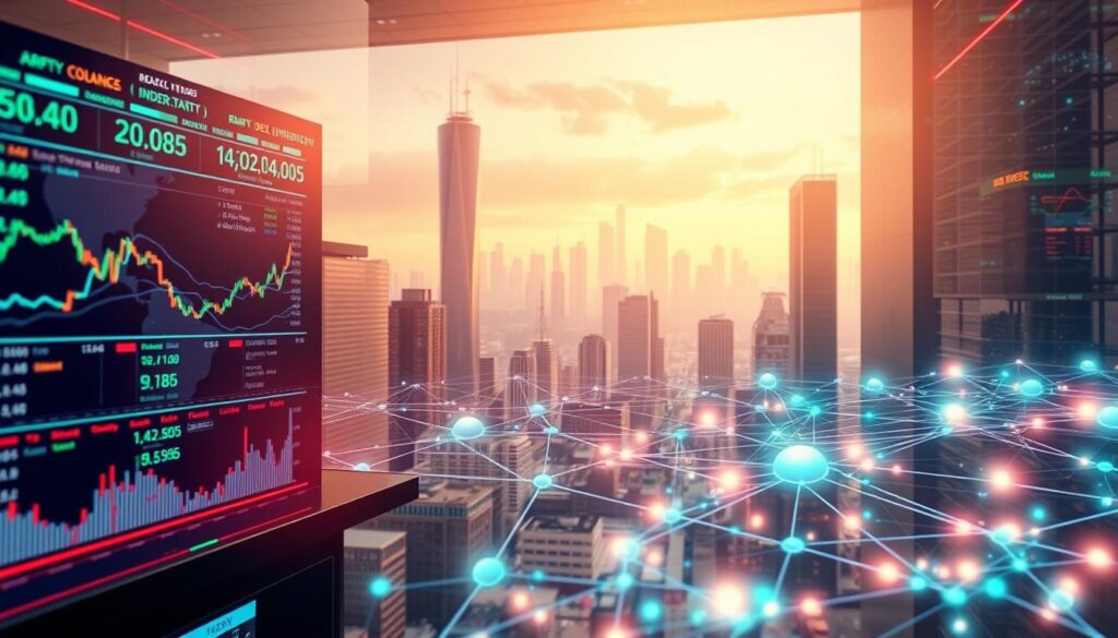 A bustling DeFi exchange, liquidity flowing through vibrant digital channels. In the foreground, a dynamic visualization of trading volume, order books, and asset pairs, rendered in a sleek, holographic interface. The middle ground depicts a complex network of interconnected nodes, representing different liquidity pools and market makers. In the background, a stylized cityscape of skyscrapers and data centers, symbolizing the broader blockchain ecosystem. Warm, diffused lighting casts a futuristic glow, while the overall composition conveys a sense of energy, innovation, and the challenges of maintaining robust liquidity in the decentralized finance space. A bustling DeFi exchange, liquidity flowing through vibrant digital channels. In the foreground, a dynamic visualization of trading volume, order books, and asset pairs, rendered in a sleek, holographic interface. The middle ground depicts a complex network of interconnected nodes, representing different liquidity pools and market makers. In the background, a stylized cityscape of skyscrapers and data centers, symbolizing the broader blockchain ecosystem. Warm, diffused lighting casts a futuristic glow, while the overall composition conveys a sense of energy, innovation, and the challenges of maintaining robust liquidity in the decentralized finance space.