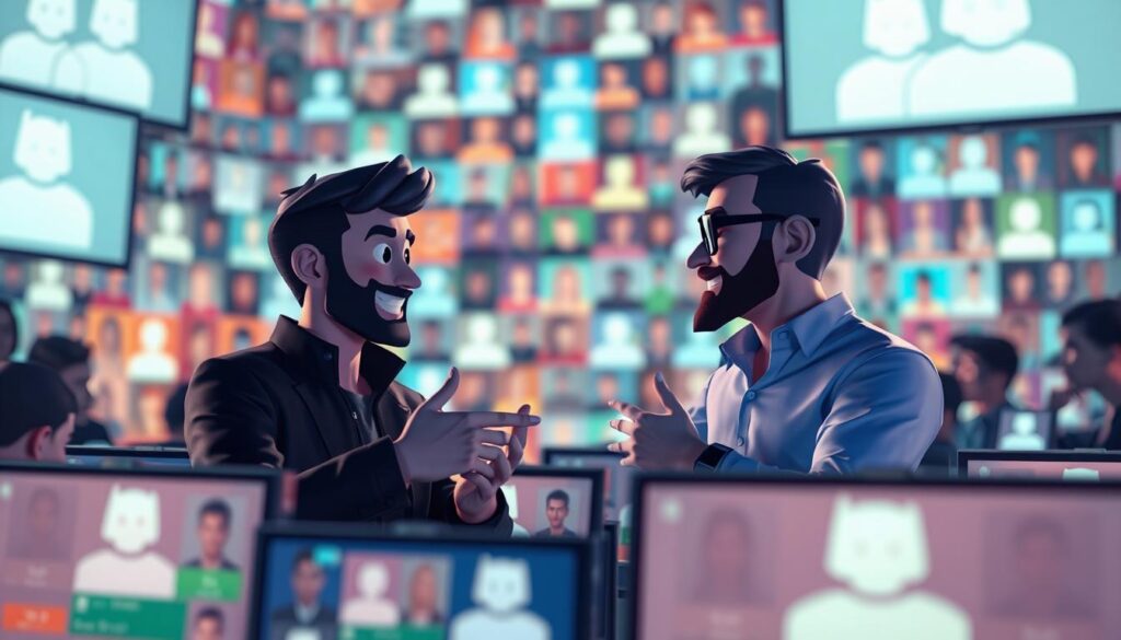 A bustling Discord server, illuminated by the soft glow of digital screens. In the center, two influential avatars - one charismatic, the other enigmatic - engage in a lively discussion, their animated gestures and expressions conveying a sense of collaboration and camaraderie. The background is a mosaic of colorful user icons, reflecting the diverse community drawn to this influential partnership. Intricate 3D-rendered graphics and subtle lighting effects lend an air of professionalism and digital sophistication to the scene, capturing the essence of a successful influencer collaboration on the Discord platform.