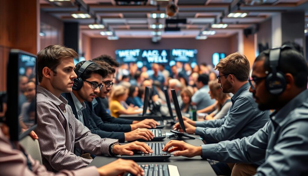 A bustling Discord server, its moderation team hard at work. In the foreground, a team of administrators with stern expressions, their hands poised over keyboards, carefully reviewing messages and enforcing community guidelines. In the middle ground, a diverse community of users engaged in lively discussions, their avatars reflecting the vibrant energy of the server. The background is softly blurred, giving a sense of depth and focus to the moderation team's actions. Warm lighting from overhead casts a gentle glow, creating a professional and well-organized atmosphere. The scene conveys a sense of order, control, and a commitment to maintaining a positive and constructive community environment.