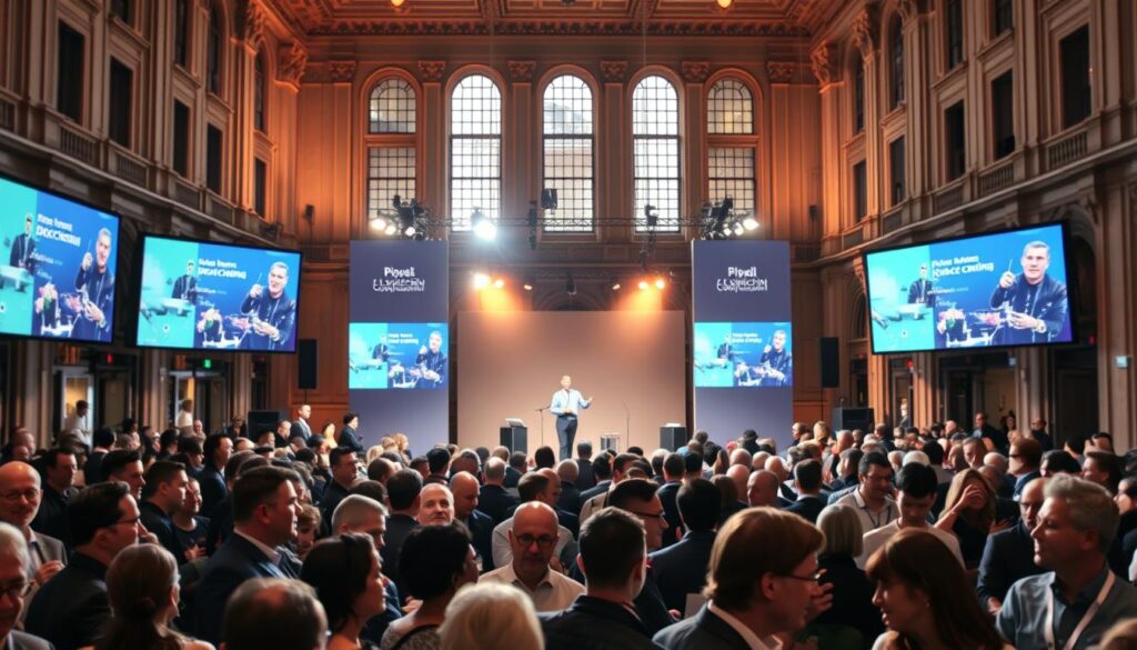 A bustling European blockchain conference set against a backdrop of grand, historic architecture. In the foreground, a diverse crowd of attendees network and converse, their expressions animated and engaged. In the middle ground, a speaker presents on a sleek stage, their words projected onto towering screens. The atmosphere is electric, with professional lighting casting a warm, focused glow over the proceedings. Tall windows offer glimpses of the vibrant city outside, hinting at the global reach of this important industry event. The overall scene conveys a sense of innovation, collaboration, and the advancement of cutting-edge financial technology.