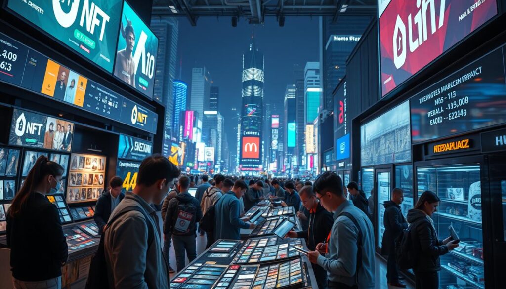 A bustling NFT secondary marketplace, illuminated by the soft glow of digital displays. In the foreground, a group of discerning buyers carefully examine a diverse array of NFT artworks, evaluating their rarity, utility, and potential for resale. The middle ground showcases a vibrant data visualization, charting the ebb and flow of trading volume, price trends, and buyer sentiment. In the background, a sprawling cityscape of skyscrapers and neon-lit streets, reflecting the dynamic and ever-evolving nature of the NFT ecosystem. The scene is captured with a cinematic, wide-angle lens, creating a sense of depth and immersion, inviting the viewer to step into the heart of this thriving digital marketplace.