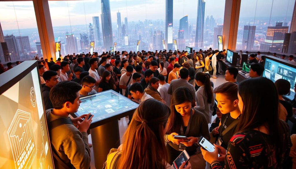 A bustling blockchain community hub, with users actively participating in various activities. In the foreground, a group of people enthusiastically discussing NFT projects, their faces lit by the glow of their devices. In the middle ground, a dynamic crowd gathers around a centralized display, interacting with interactive demos and live blockchain visualizations. In the background, a futuristic cityscape with towering skyscrapers and a vibrant, neon-lit atmosphere. The scene is bathed in a warm, golden light, conveying a sense of energy, collaboration, and technological innovation. A bustling blockchain community hub, with users actively participating in various activities. In the foreground, a group of people enthusiastically discussing NFT projects, their faces lit by the glow of their devices. In the middle ground, a dynamic crowd gathers around a centralized display, interacting with interactive demos and live blockchain visualizations. In the background, a futuristic cityscape with towering skyscrapers and a vibrant, neon-lit atmosphere. The scene is bathed in a warm, golden light, conveying a sense of energy, collaboration, and technological innovation.