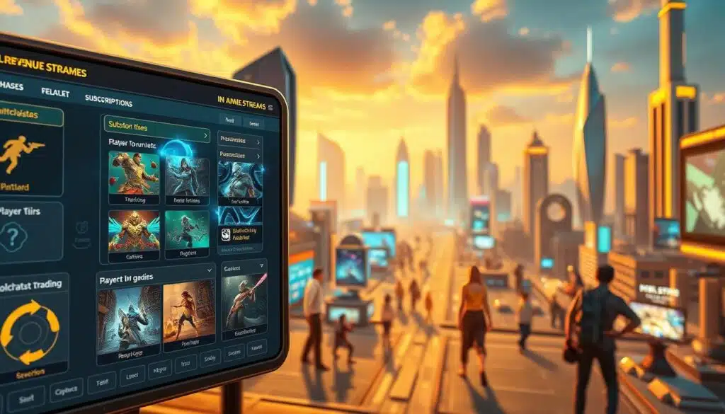 A bustling blockchain game marketplace, showcasing various revenue streams. In the foreground, a detailed interface displays different monetization options - in-app purchases, subscription tiers, player-to-player transactions, and blockchain-powered asset trading. The middle ground features vibrant game scenes, with characters engaged in dynamic gameplay. In the background, a sleek and futuristic city skyline with skyscrapers and glowing holographic displays creates a technologically advanced atmosphere. Warm lighting casts a golden glow, and the scene is captured with a wide-angle lens to convey a sense of scale and immersion.