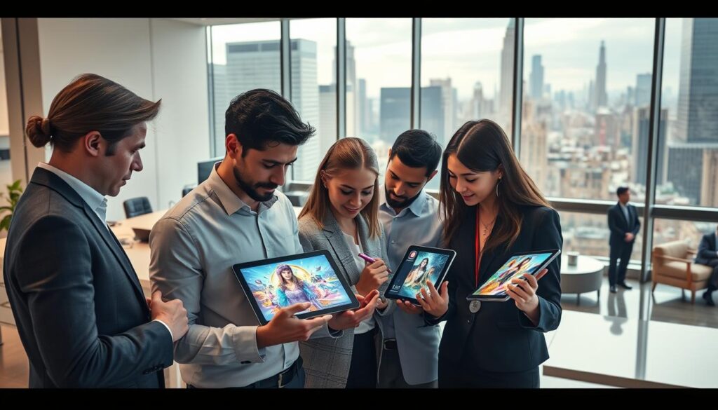A bustling business scene, showcasing the benefits of an NFT aggregator platform. In the foreground, a diverse group of entrepreneurs and executives examine vibrant digital artworks on their tablet devices, discussing the potential of NFT integration. The middle ground features a sleek, minimalist office space, filled with modern furnishings and large windows that flood the room with natural light. In the background, a cityscape of towering skyscrapers and bustling streets, symbolizing the global reach and scale of the NFT marketplace. The overall atmosphere conveys a sense of innovation, collaboration, and the endless possibilities unlocked by this transformative technology.