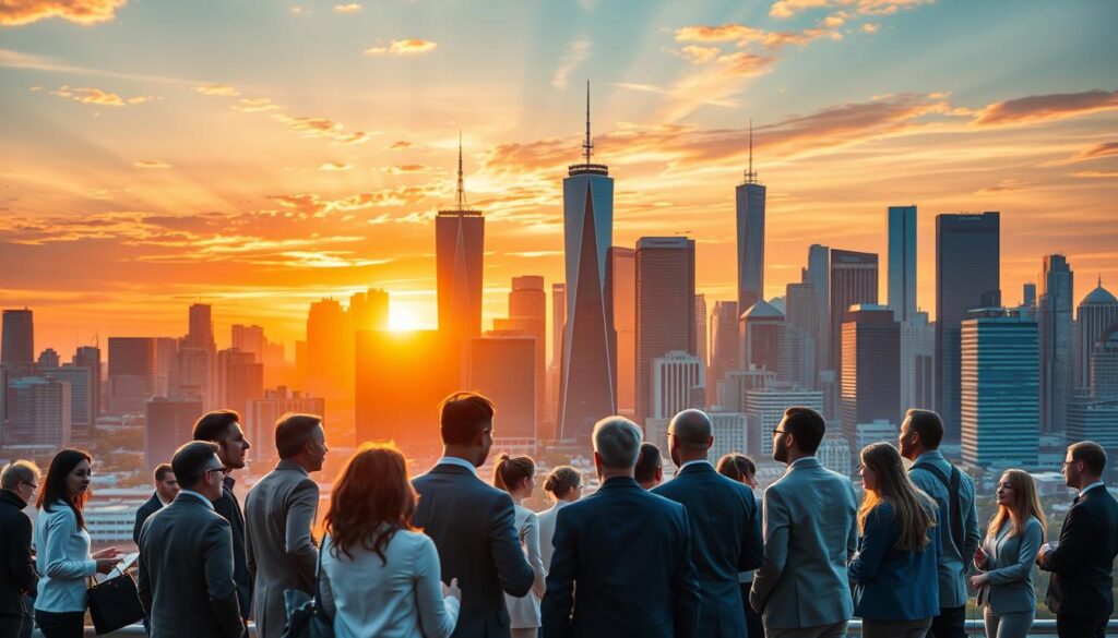 A bustling city skyline against a vibrant sunset, showcasing various corporate headquarters and tech campuses. In the foreground, a group of diverse individuals in business attire engaged in animated discussions, representing different stakeholders of successful real-world DAO case studies. The scene is bathed in a warm, golden light, creating a sense of progress and collaboration. The background features towering skyscrapers and modern architecture, reflecting the technological advancements powering these decentralized organizations. The overall composition conveys a dynamic, forward-thinking atmosphere, capturing the essence of thriving DAOs in the real world.