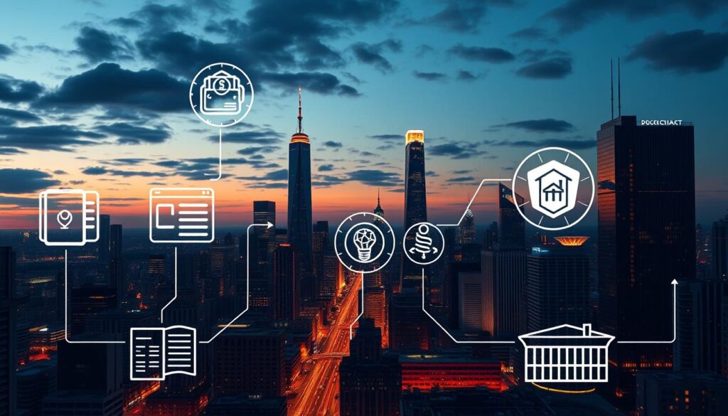 A bustling city skyline at dusk, with towering skyscrapers and futuristic architecture. In the foreground, various real-world blockchain applications are depicted: a secure digital wallet interface, a supply chain tracking system, a decentralized finance platform, and a smart contract-driven real estate transaction. The scene is illuminated by warm, ambient lighting, casting a soft glow on the cutting-edge technology. The overall atmosphere conveys a sense of innovation, efficiency, and the seamless integration of blockchain into everyday life. A bustling city skyline at dusk, with towering skyscrapers and futuristic architecture. In the foreground, various real-world blockchain applications are depicted: a secure digital wallet interface, a supply chain tracking system, a decentralized finance platform, and a smart contract-driven real estate transaction. The scene is illuminated by warm, ambient lighting, casting a soft glow on the cutting-edge technology. The overall atmosphere conveys a sense of innovation, efficiency, and the seamless integration of blockchain into everyday life.