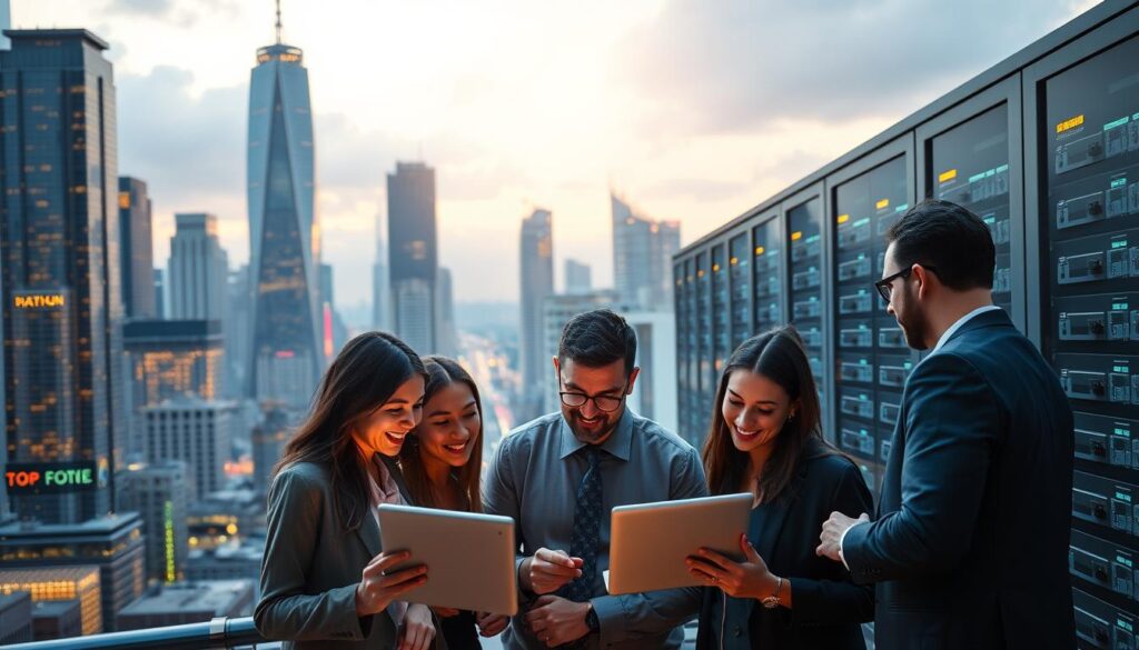 A bustling city skyline with towering skyscrapers and a vibrant financial district. In the foreground, a group of business professionals excitedly discussing the latest blockchain technology innovations, their faces illuminated by the warm glow of their tablets and laptops. In the middle ground, a sleek, futuristic data center housing rows of servers, symbolizing the backbone of blockchain infrastructure. The background is bathed in a soft, golden light, conveying a sense of progress and prosperity. The scene exudes an atmosphere of collaboration, innovation, and the successful integration of blockchain into the modern business landscape.