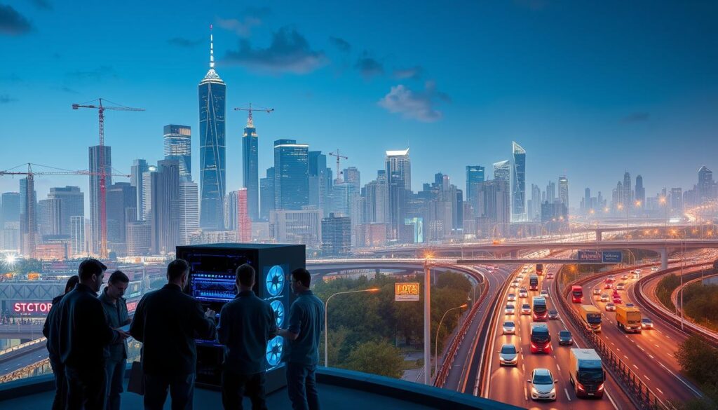 A bustling city skyline, with towering skyscrapers and cranes dotting the horizon. In the foreground, a group of people gathered around a large, sleek computer server, intently discussing technical details. The server's blue lights pulsate, casting a cool glow over the scene. In the background, a busy highway weaves through the cityscape, with cars and trucks representing the constant flow of data and transactions. The atmosphere is one of innovation and progress, with a sense of energy and excitement as the launch of a new blockchain mainnet is imminent.