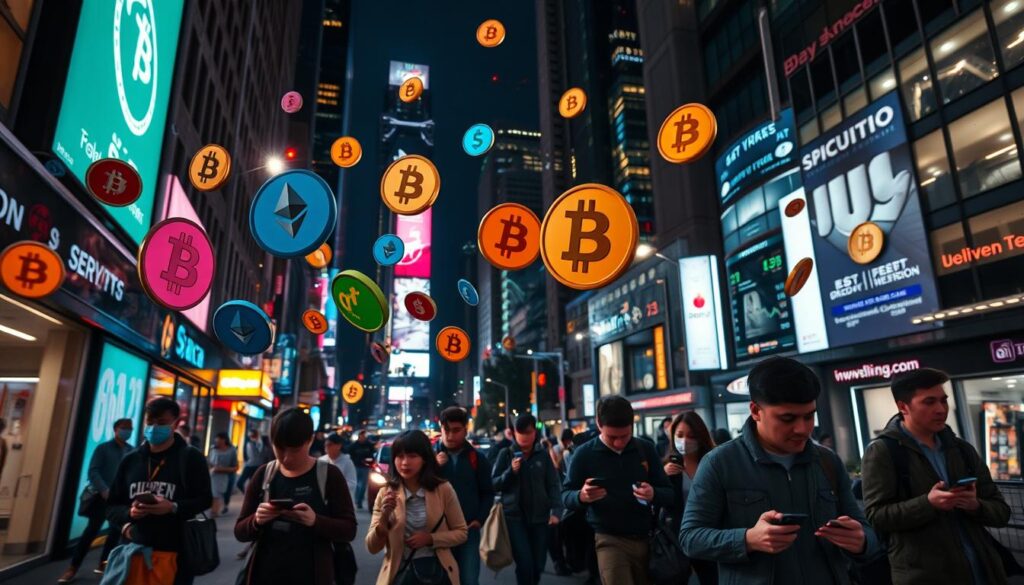 A bustling city street at night, with the glow of streetlights and neon signs illuminating the scene. In the foreground, a colorful array of digital currency symbols - Bitcoin, Ethereum, and others - float in the air, their values fluctuating rapidly. In the middle ground, commuters hurry past, their faces obscured by the flashing displays on their phones, tracking the latest gas fee prices. In the background, towering skyscrapers loom, their windows glowing with data visualizations and financial dashboards. The overall atmosphere is one of urgency, complexity, and the constant ebb and flow of the digital economy.
