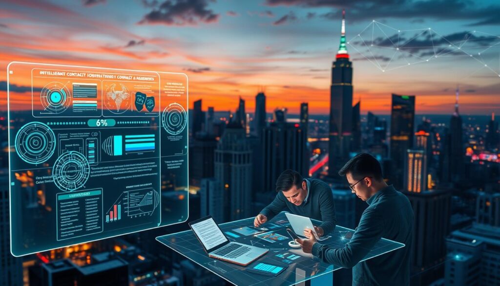 A bustling cityscape at dusk, skyscrapers and futuristic architecture rising amidst a glowing neon skyline. In the foreground, a holographic display showcases a suite of AI-enhanced smart contract innovations, their intricate algorithms and data visualizations pulsing with energy. Sleek, angular interfaces present complex financial transactions, supply chain logistics, and legal agreements, all streamlined and secured through the integration of machine learning. The middle ground features a team of engineers and developers collaborating intensely, their faces illuminated by the glow of their screens as they fine-tune and optimize these cutting-edge products. In the background, a blockchain network pulses with activity, its distributed ledger serving as the foundation for this new era of intelligent, autonomous contract management. A bustling cityscape at dusk, skyscrapers and futuristic architecture rising amidst a glowing neon skyline. In the foreground, a holographic display showcases a suite of AI-enhanced smart contract innovations, their intricate algorithms and data visualizations pulsing with energy. Sleek, angular interfaces present complex financial transactions, supply chain logistics, and legal agreements, all streamlined and secured through the integration of machine learning. The middle ground features a team of engineers and developers collaborating intensely, their faces illuminated by the glow of their screens as they fine-tune and optimize these cutting-edge products. In the background, a blockchain network pulses with activity, its distributed ledger serving as the foundation for this new era of intelligent, autonomous contract management.