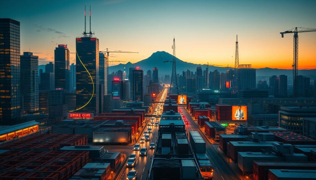 A bustling cityscape at dusk, the gleaming skyscrapers and bustling streets illuminated by the warm glow of streetlights and neon signs. In the foreground, a variety of real-world applications are depicted: automated factory floors with robotic arms assembling products, a logistics hub with self-driving delivery vehicles, and a busy trading floor where financial transactions are processed using blockchain technology. The middle ground showcases various industries and sectors, from healthcare and energy to transportation and retail, all seamlessly integrating decentralized ledger systems. In the background, a majestic mountain range stands as a serene backdrop, hinting at the global scale and far-reaching impact of blockchain's proof-of-work mechanisms. A bustling cityscape at dusk, the gleaming skyscrapers and bustling streets illuminated by the warm glow of streetlights and neon signs. In the foreground, a variety of real-world applications are depicted: automated factory floors with robotic arms assembling products, a logistics hub with self-driving delivery vehicles, and a busy trading floor where financial transactions are processed using blockchain technology. The middle ground showcases various industries and sectors, from healthcare and energy to transportation and retail, all seamlessly integrating decentralized ledger systems. In the background, a majestic mountain range stands as a serene backdrop, hinting at the global scale and far-reaching impact of blockchain's proof-of-work mechanisms.