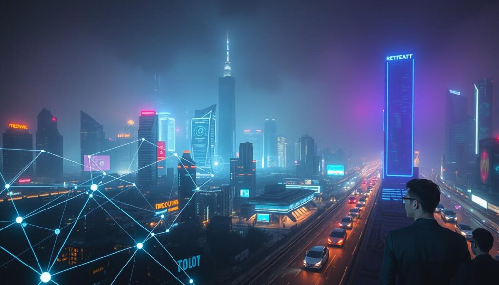 A bustling cityscape at night, illuminated by the glow of holographic displays and pulsing digital transactions. In the foreground, a series of geometric shapes and lines represent the flow of decentralized finance, with data streams and encrypted pathways intertwining. In the middle ground, futuristic skyscrapers and sleek, autonomous vehicles suggest a highly advanced, tech-driven metropolis. The background is shrouded in a hazy, neon-tinged atmosphere, creating a sense of futuristic wonder and the promise of a new financial era. The scene is captured with a cinematic, wide-angle lens, emphasizing the scale and complexity of this decentralized finance ecosystem.