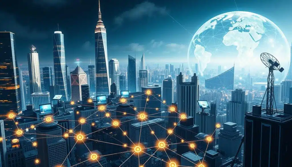 A bustling cityscape with gleaming skyscrapers and towering tech hubs, representing the real-world implementation of blockchain sharding. In the foreground, a clear visualization of sharded blockchain networks, each node connected in a intricate web, with glowing data streams and cryptographic signatures. In the middle ground, engineers and developers collaborating on complex sharding algorithms, their workstations illuminated by the soft glow of holographic interfaces. The background showcases the global reach of these technologies, with satellite dishes, data centers, and fiber optic cables connecting the world. The scene is bathed in a cool, futuristic lighting, conveying the cutting-edge nature of these innovations.