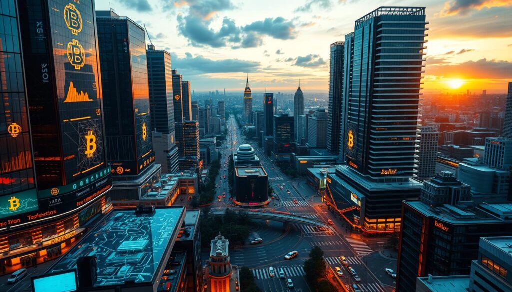 A bustling cityscape with towering skyscrapers, their facades adorned with geometric blockchain symbols. In the foreground, a dynamic financial exchange floor, traders gesticulating as data streams flow across holographic displays. The middle ground depicts a bustling intersection, vehicles and pedestrians seemingly enmeshed in a web of digital transactions. The background showcases a panoramic view of the urban landscape, illuminated by the warm glow of sunset, hinting at the transformative economic potential of blockchain technology. The scene is bathed in a warm, cinematic lighting, capturing the sense of optimism and progress amidst the challenges of network scalability and adoption.