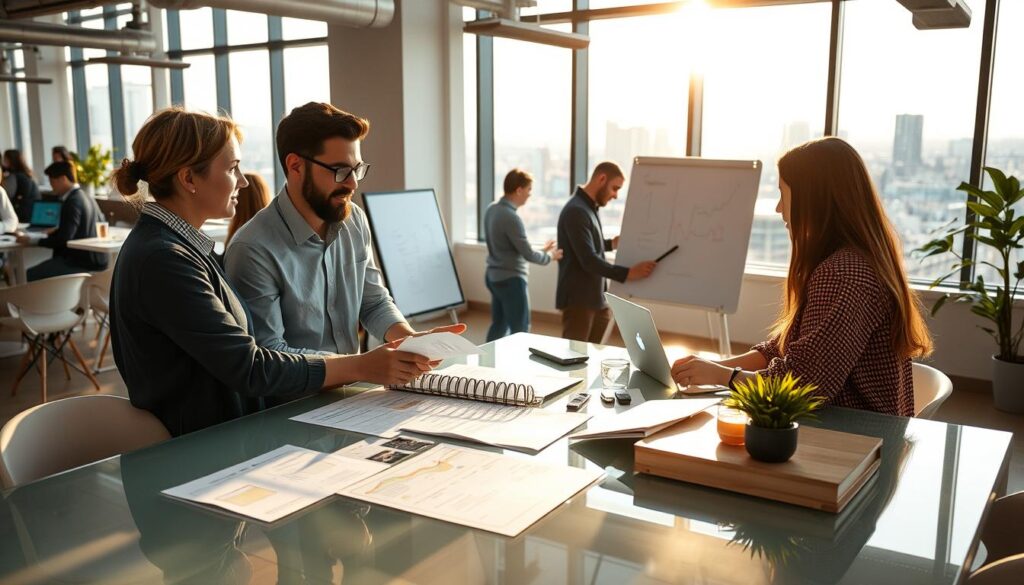 A bustling co-working space, illuminated by soft natural light streaming through large windows. In the foreground, three professionals engaged in a lively discussion, their expressions animated as they review case study materials laid out on a sleek, glass-topped table. In the middle ground, a team of developers collaborating intently on a digital whiteboard, their faces lit by the glow of their laptop screens. In the background, a vibrant cityscape visible through the windows, a testament to the success stories unfolding within this innovative workspace. The atmosphere is one of creativity, collaboration, and the thrill of overcoming technical challenges. A bustling co-working space, illuminated by soft natural light streaming through large windows. In the foreground, three professionals engaged in a lively discussion, their expressions animated as they review case study materials laid out on a sleek, glass-topped table. In the middle ground, a team of developers collaborating intently on a digital whiteboard, their faces lit by the glow of their laptop screens. In the background, a vibrant cityscape visible through the windows, a testament to the success stories unfolding within this innovative workspace. The atmosphere is one of creativity, collaboration, and the thrill of overcoming technical challenges.
