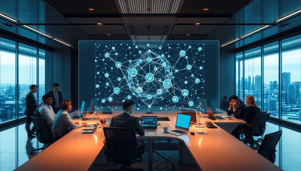 A bustling corporate office, with a holographic display in the foreground showcasing a detailed blockchain network diagram. Sleek, high-tech workstations surround the display, where teams of executives and analysts meticulously plan the implementation strategy. Soft, ambient lighting casts a warm, focused glow, reflecting off the polished surfaces. In the background, a panoramic window offers a view of a dynamic cityscape, symbolizing the integration of blockchain technology into the broader business landscape. The overall atmosphere conveys a sense of innovation, collaboration, and a strategic approach to harnessing the power of blockchain for enterprise-wide transformation. A bustling corporate office, with a holographic display in the foreground showcasing a detailed blockchain network diagram. Sleek, high-tech workstations surround the display, where teams of executives and analysts meticulously plan the implementation strategy. Soft, ambient lighting casts a warm, focused glow, reflecting off the polished surfaces. In the background, a panoramic window offers a view of a dynamic cityscape, symbolizing the integration of blockchain technology into the broader business landscape. The overall atmosphere conveys a sense of innovation, collaboration, and a strategic approach to harnessing the power of blockchain for enterprise-wide transformation.